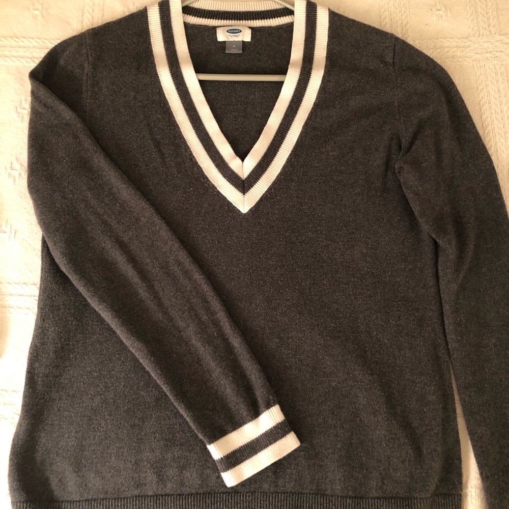 Gray sweater with white trim on collar and cuffs. Cotton. Size M
